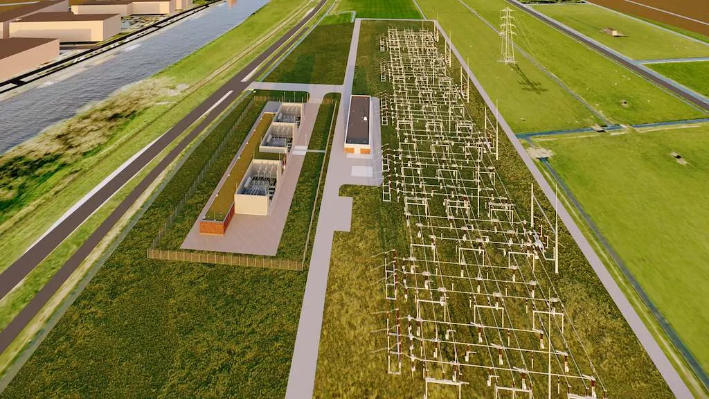 Bovenaanzicht van het voorlopige 3D-impressie van het station.