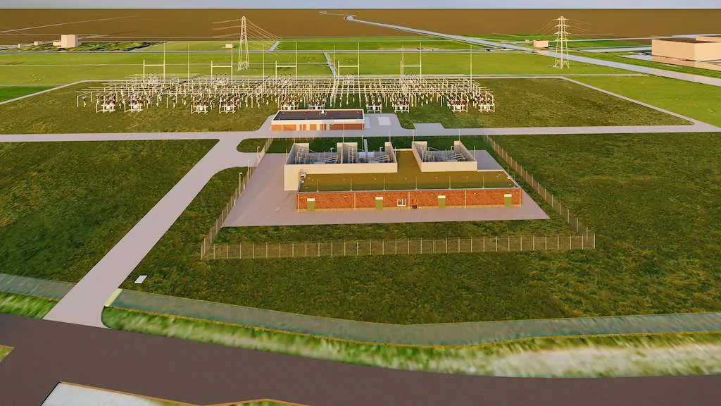 Bovenaanzicht van het voorlopige 3D-impressie van het station.