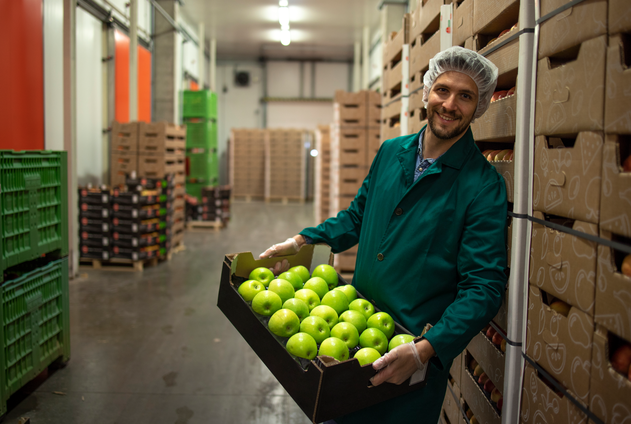 Medewerker in een koel-vrieshuis voor appels