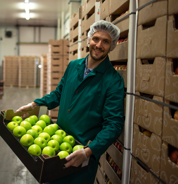 Medewerker in een koel-vrieshuis voor appels