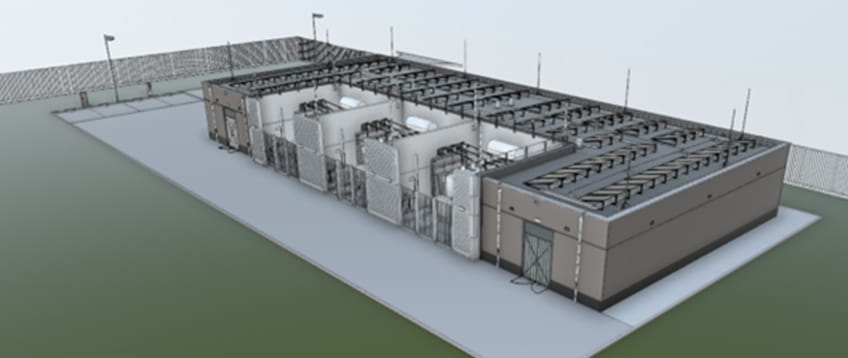 3D-render van een elektriciteitsstation met installaties en apparatuur binnen een omheind terrein, gelegen op een betonnen fundering.
