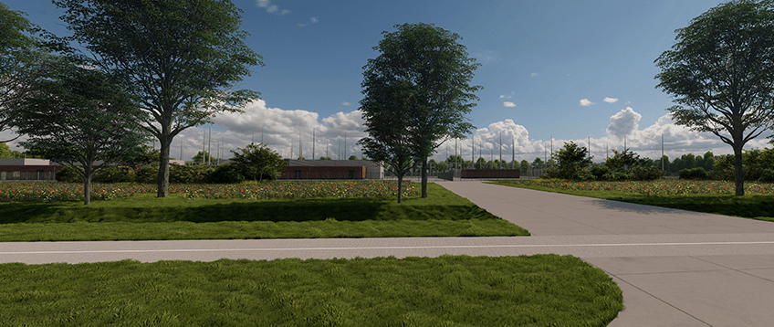 Computer gegenereerd beeld van het nieuwe electriciteitsstation Lelystad Larserringweg. Het station staat in een groene omgeving, met bomen en gras.