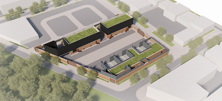 Impressie van een modern elektriciteitsstation met groene daken, gelegen in een stedelijke omgeving met omliggende wegen en bomen.