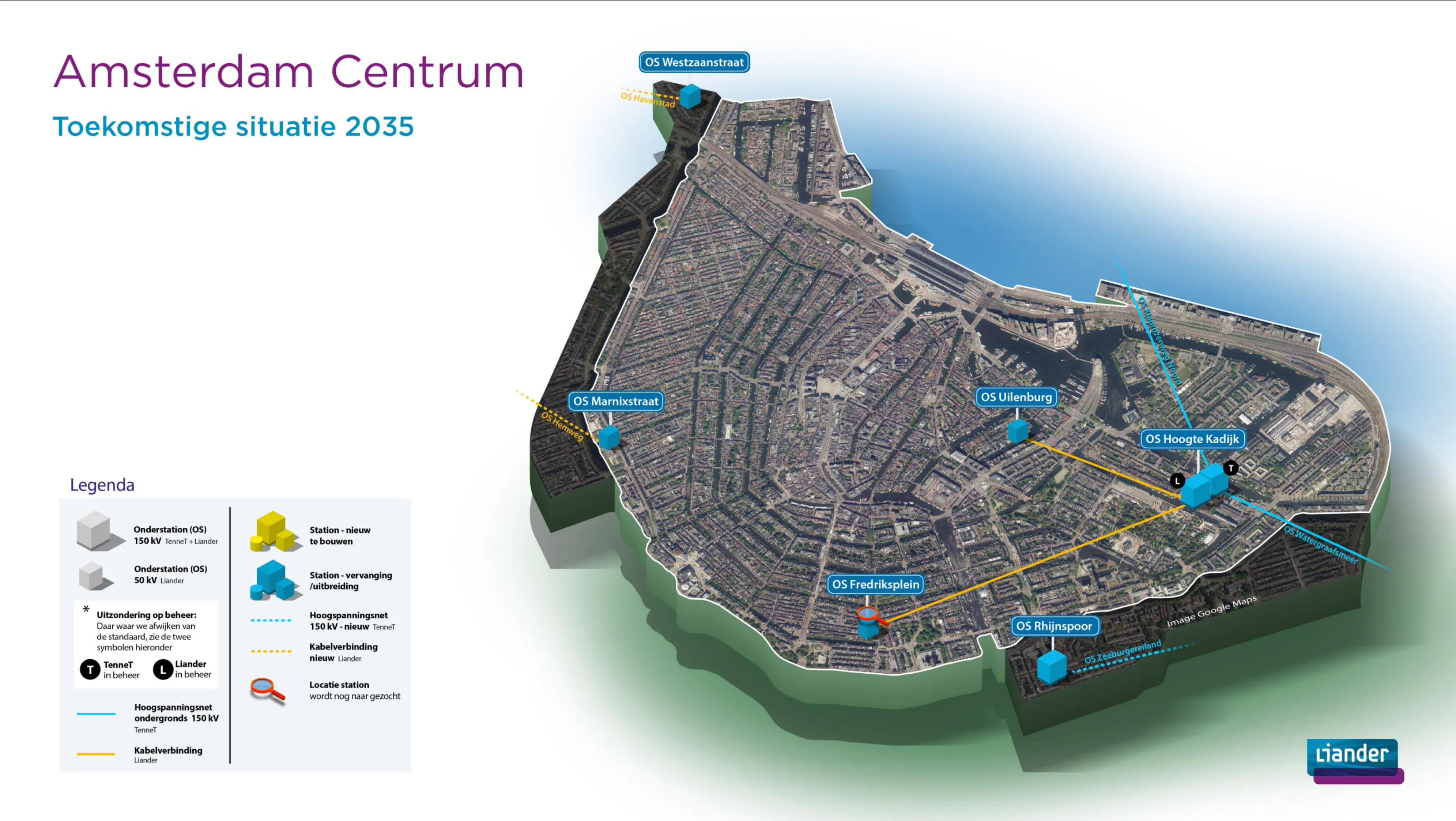 Plattegrond van de toekomstige situatie van knooppunt Hoogte Kadijk in het Amsterdamse elektriciteitsnetwerk in 2035