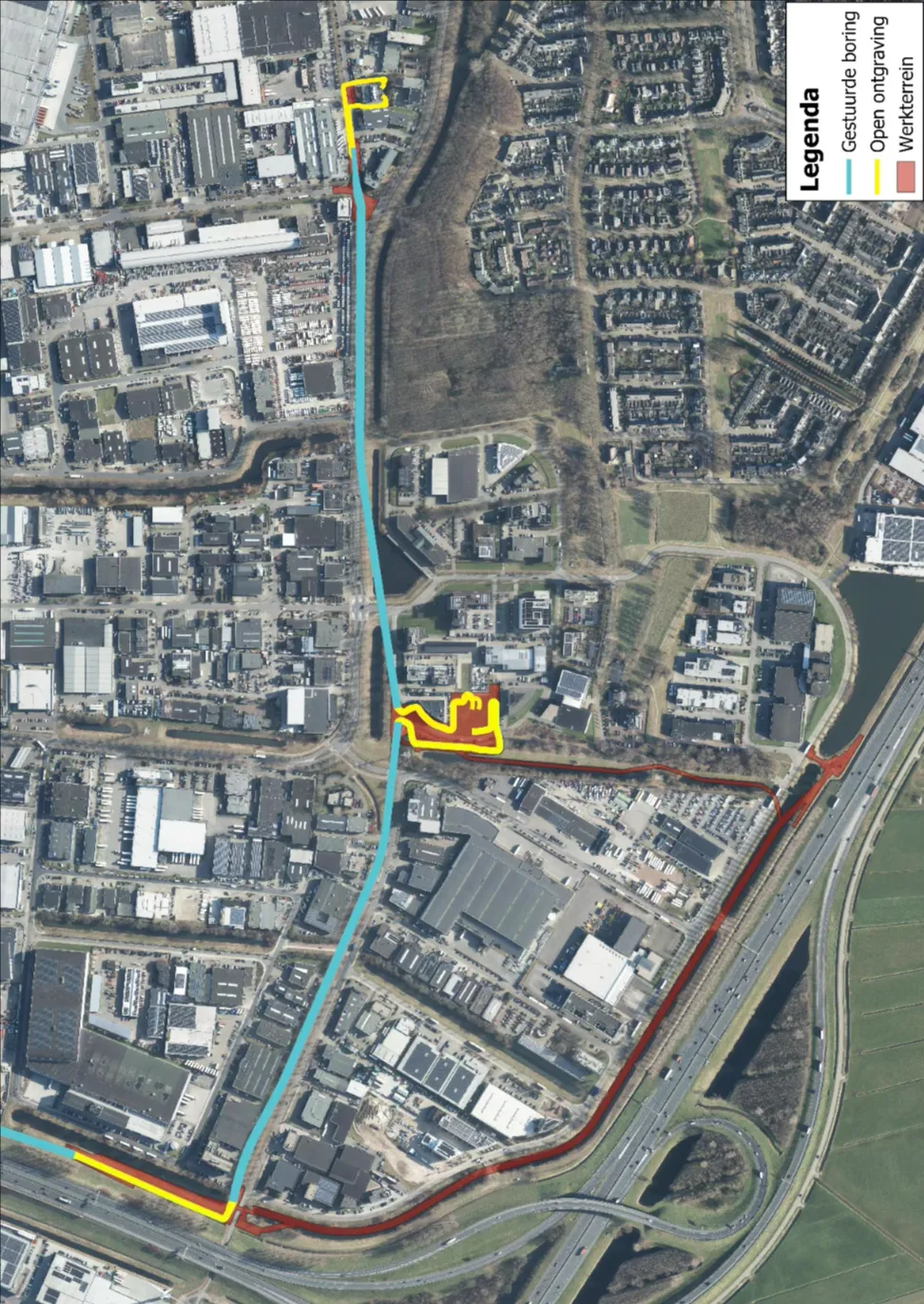Luchtfoto met een detailweergave van het tracé van de nieuwe hoogspanningskabel ter hoogte van de Galileïlaan en de Dieselstraat, inclusief de locaties van de gestuurde boringen, open ontgravingen en werkterreinen.