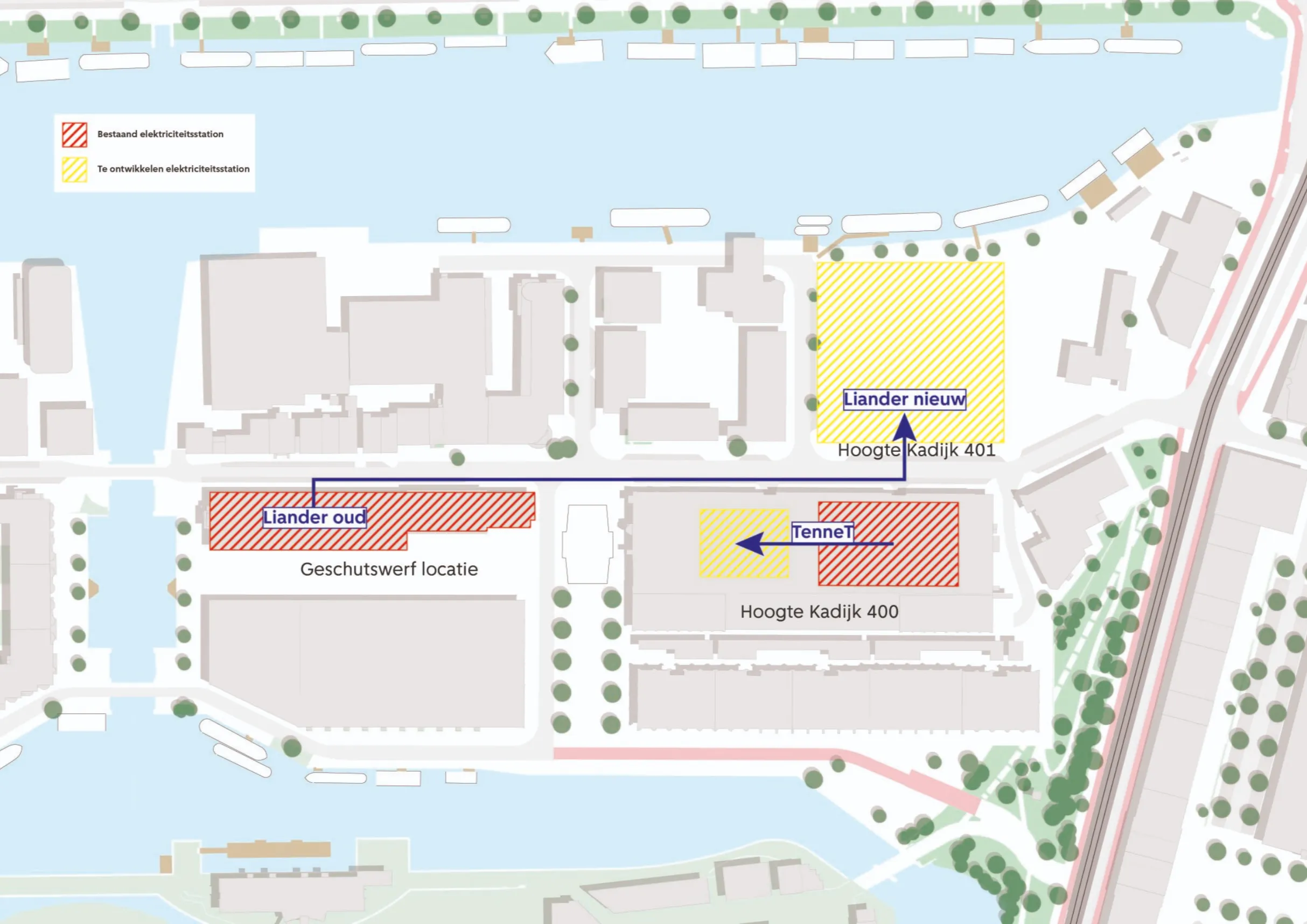Plattegrond met de locatie van het nieuwe elektriciteitsstation in Hoogte Kadijk
