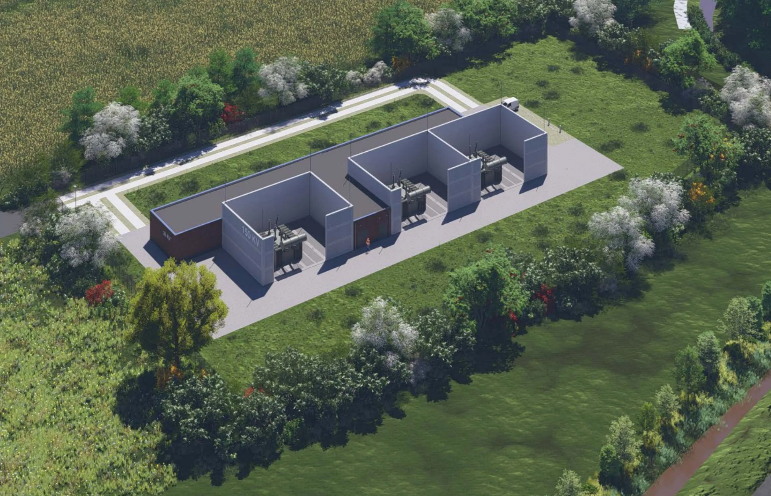 3D-impressie van het elektriciteitsstation met trafocellen, omgeven door groen en landschappelijke inpassing