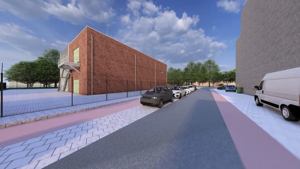 3D-impressie van het ontwerp van het elektriciteitsstation met afwerking rode bakstenen
