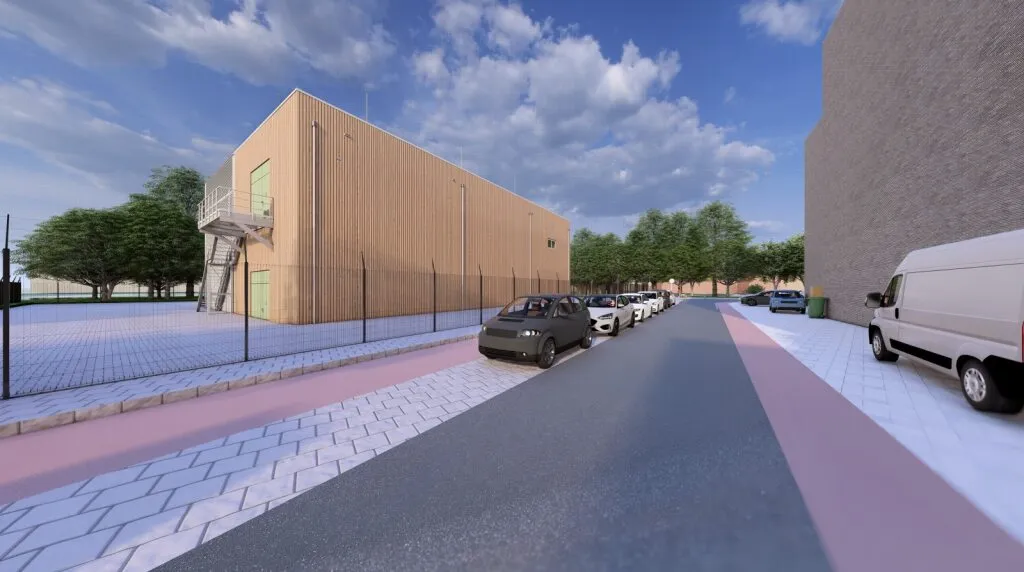 3D-impressie van het ontwerp van het elektriciteitsstation met afwerking houten gevelbekleding