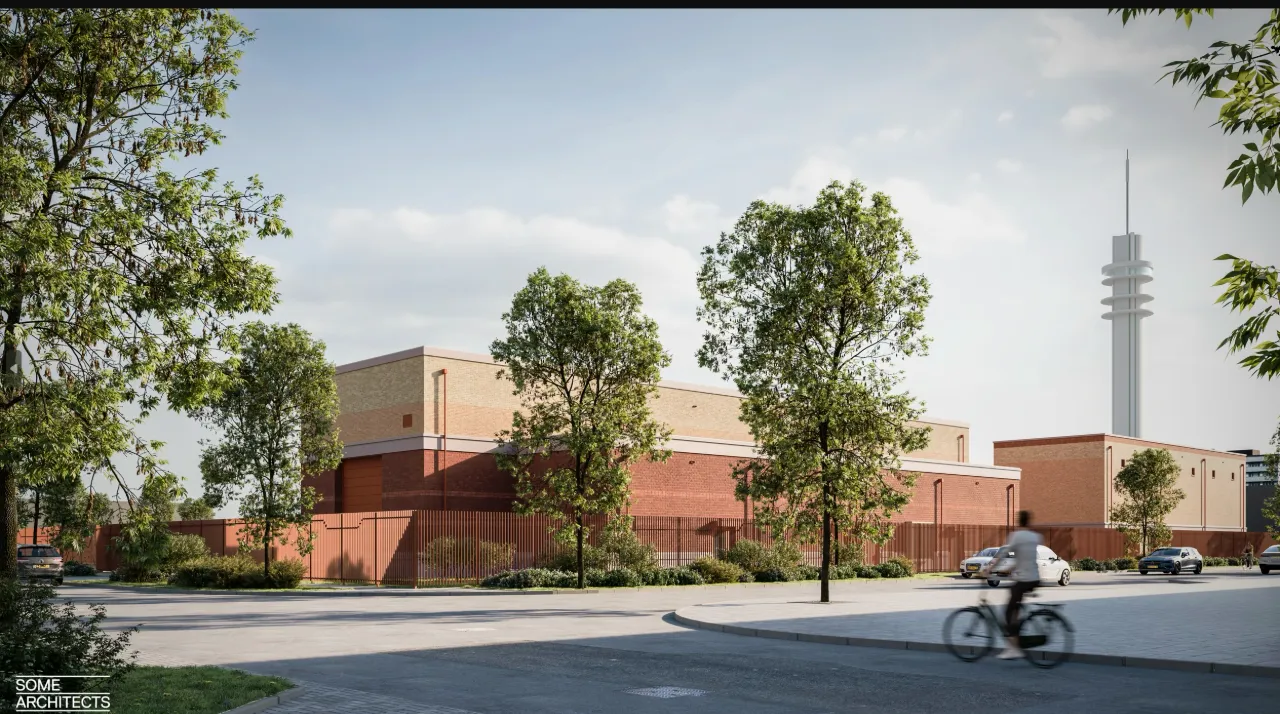 Impressie van het ontwerp van het elektriciteitsstation gezien vanaf de hoek van de Huiswitweg en J.W. Lucasweg