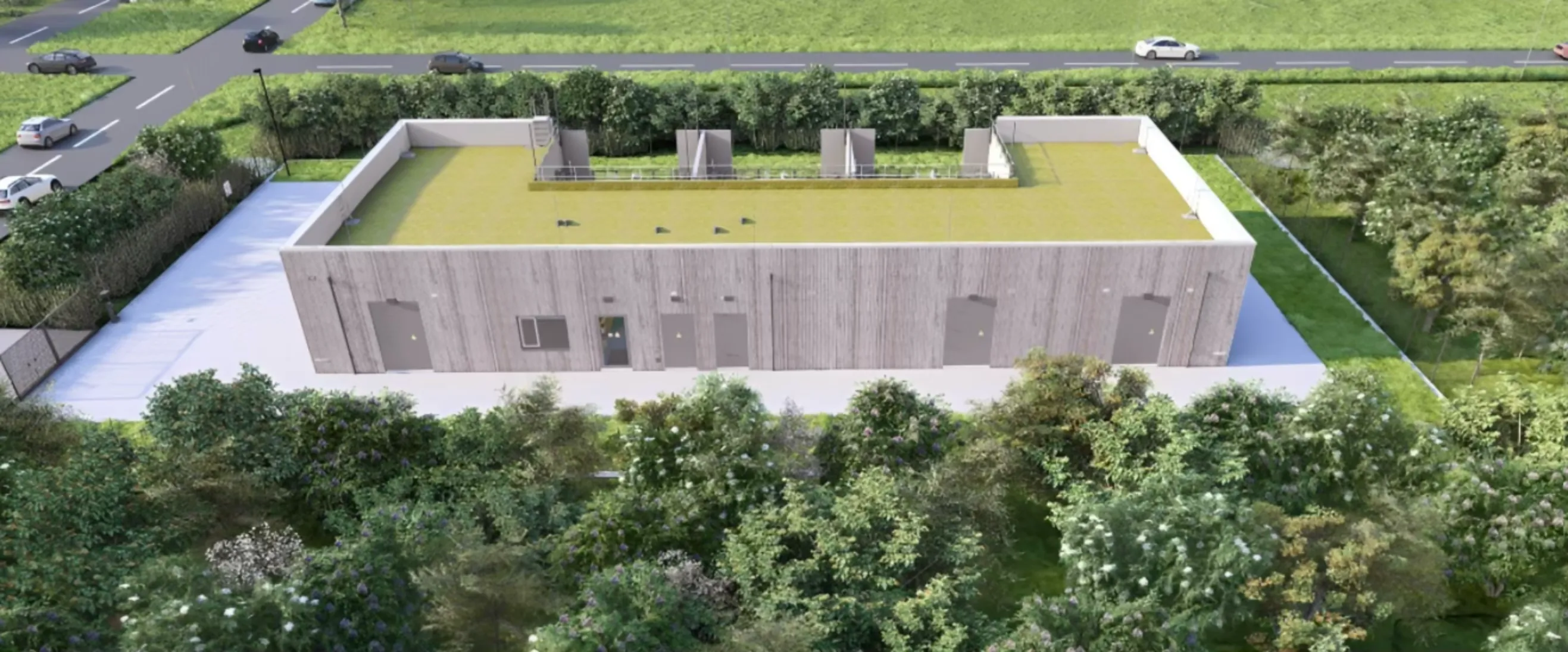 Impressie van het gebouw van regelstation Zuiderhage zonder beplanting rondom het terrein