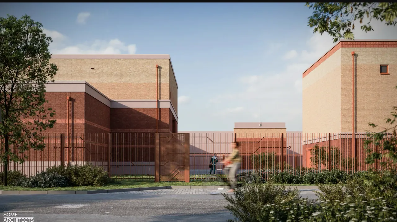 Impressie van het ontwerp van het elektriciteitsstation gezien vanaf de Huiswitweg