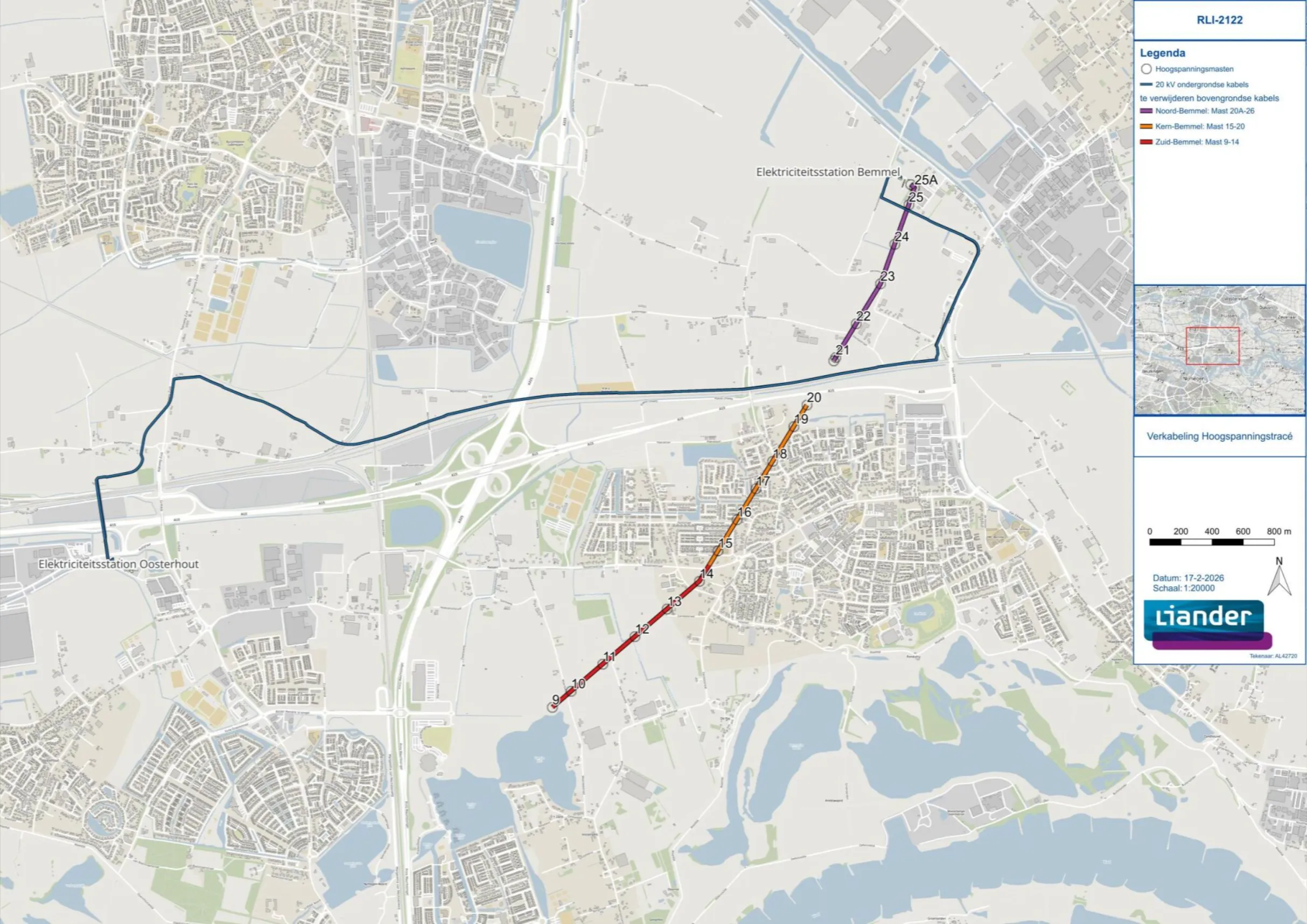 Tracé van de huidige bovengrondse verbinding en de nieuwe ondergrondse kabelverbinding.