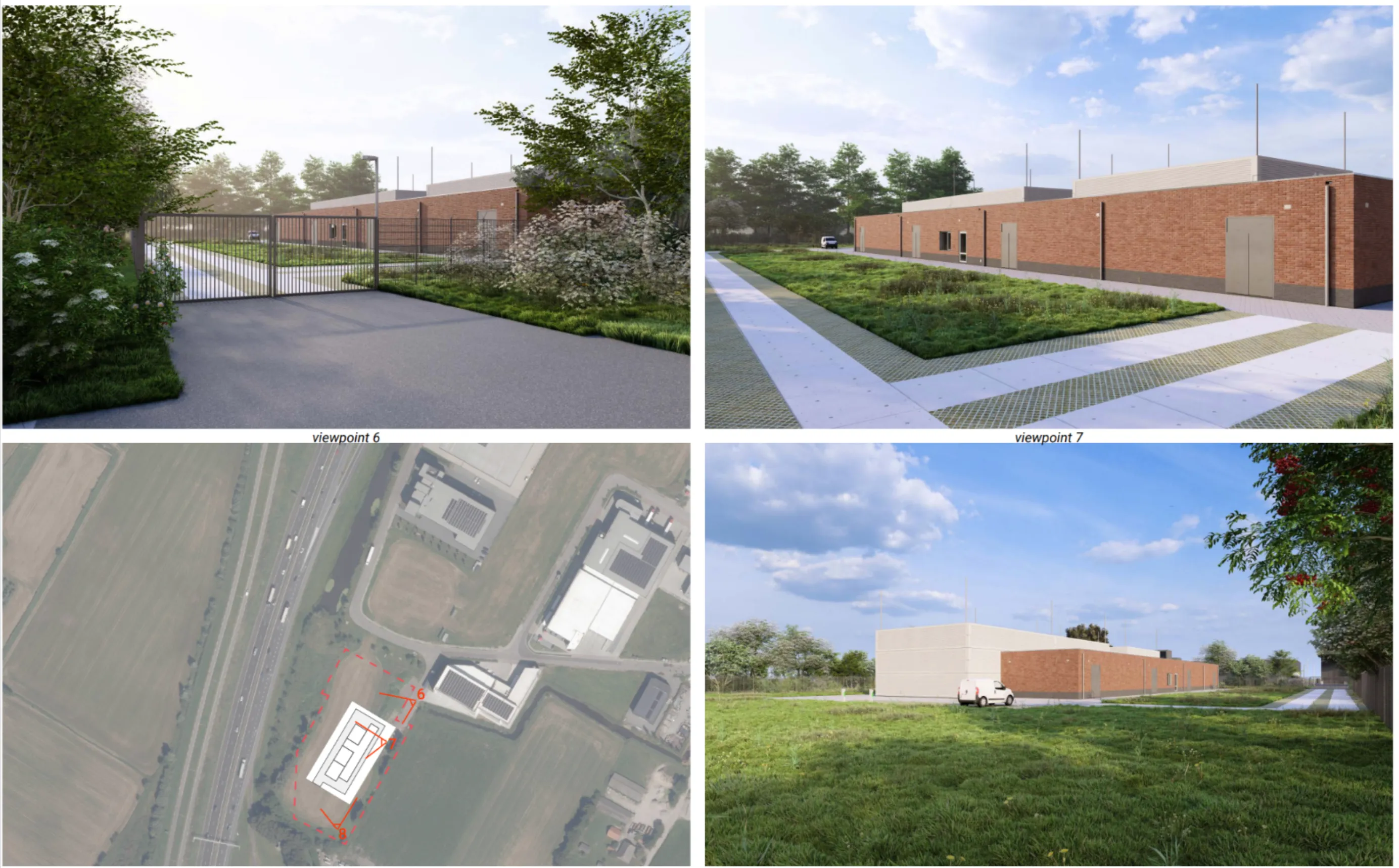 3D-impressies van het elektriciteitsstation vanuit verschillende perspectieven en de situering in de omgeving
