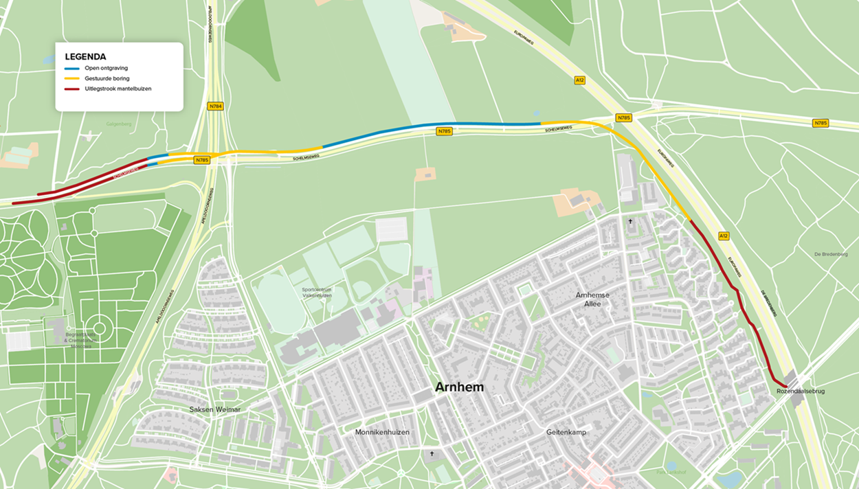 Kaart van Arnhem met het kabeltracé langs de Schelmseweg en de A12. De kaart laat zien waar de kabels via open ontgraving, gestuurde boring en mantelbuizen worden aangelegd.