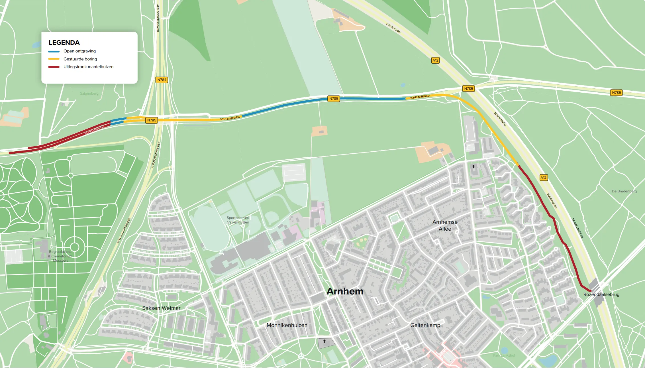 Kaart van Arnhem met het kabeltracé langs de Schelmseweg en de A12. De kaart laat zien waar de kabels via open ontgraving, gestuurde boring en mantelbuizen worden aangelegd.