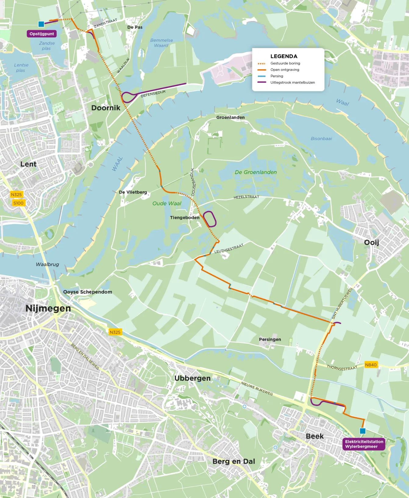 Kaart met route waarop te zien is waar de nieuwe verbinding wordt aangesloten op het bestaande ondergrondse hoogspanningsnet.