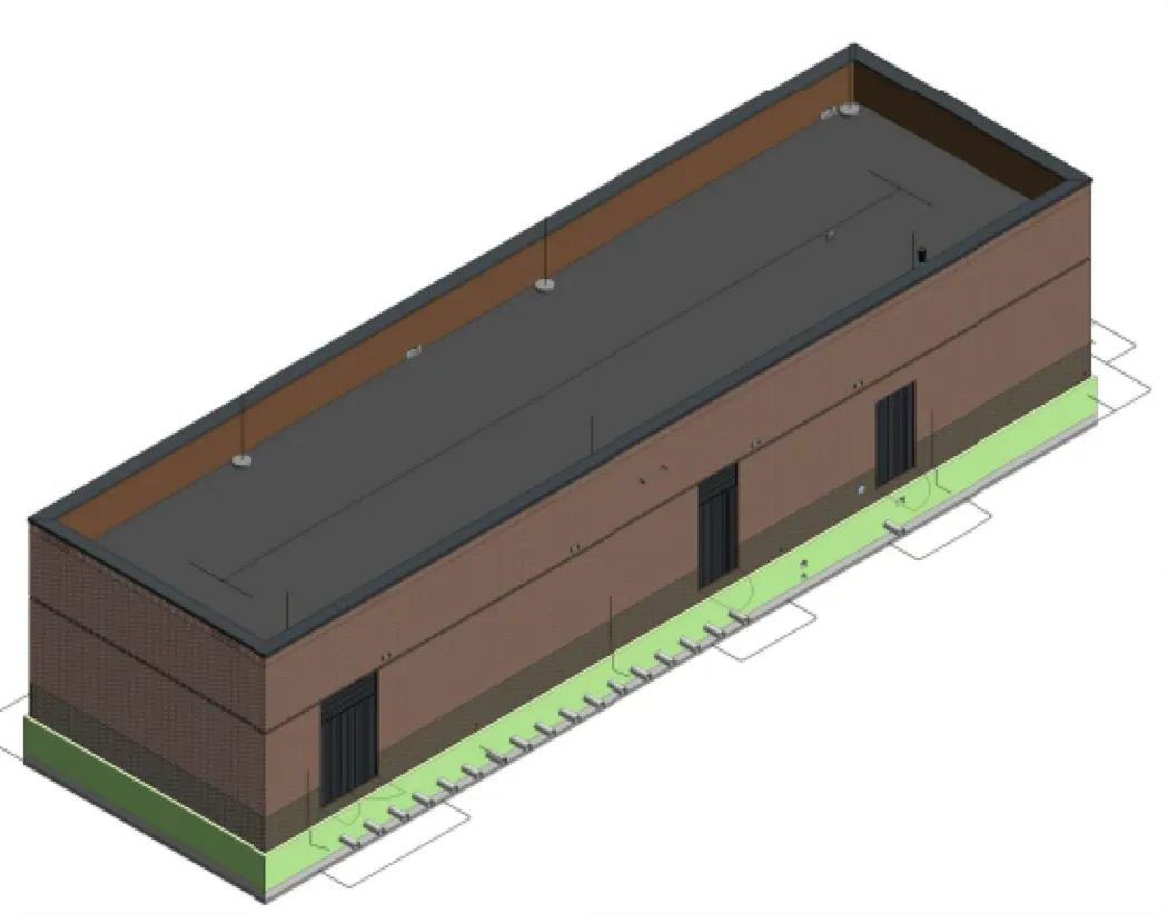 3D-impressie van het nieuwe schakelstation in Wamel: een langwerpig bruin gebouw van 5,2 meter hoog met een plat dak en meerdere toegangsdeuren.