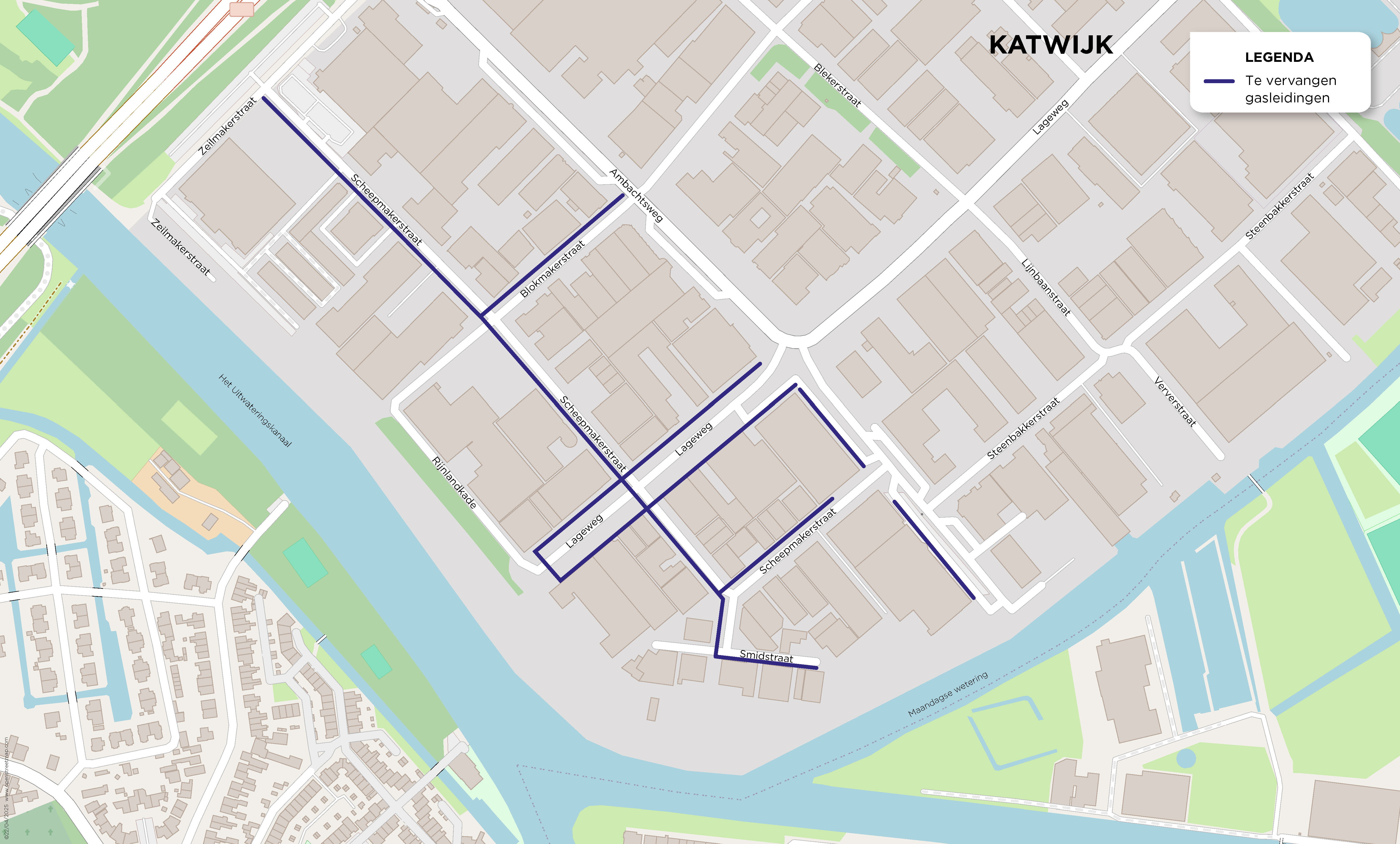 Plattegrond met werkzaamheden voor het vervangen van gasleidingen in 't Heen in Katwijk
