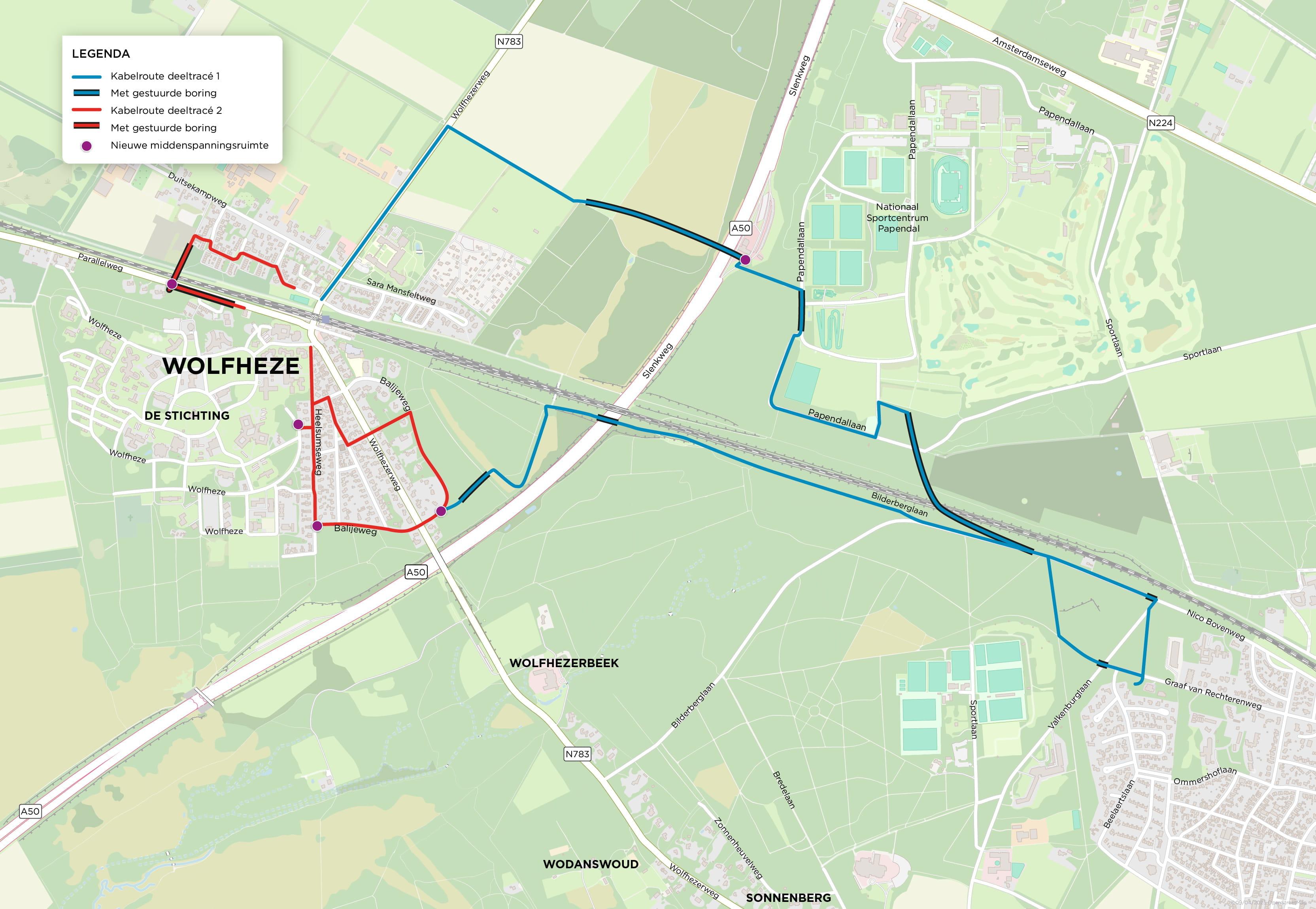 kaart van de kabelroute door wolfheze en omgeving
