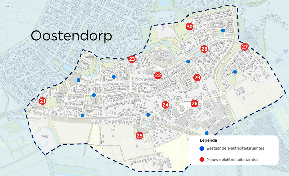 Werkgebied buurtaanpak Oostendorp in gemeente Elburg, er zijn rode en blauwe punten gemarkeerd. Deze geven plaatsen aan waar bestaande elektriciteitsruimtes staan en waar toekomstige elektriciteitsruimtes komen.