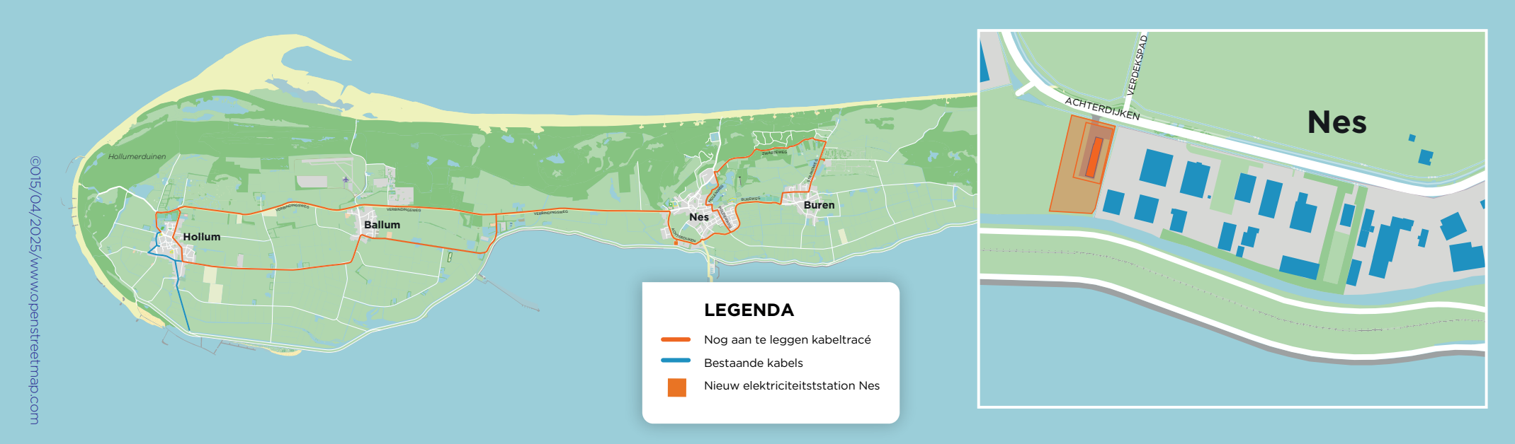 De kaart van Ameland waar op is aangegeven waar de nieuwe kabeltrace komt, waar de huidige kabels liggen en waar het nieuwe elektriciteitsstation Nes komt.