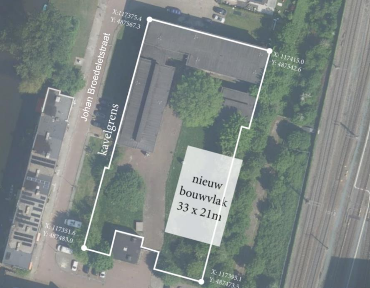 Een nieuw bouvlak van 33x21 meter is gemarkeerd langs de Johan Broedelstraat. Dit bouwvlak valt grotendeels  binnen de kavelgrens.