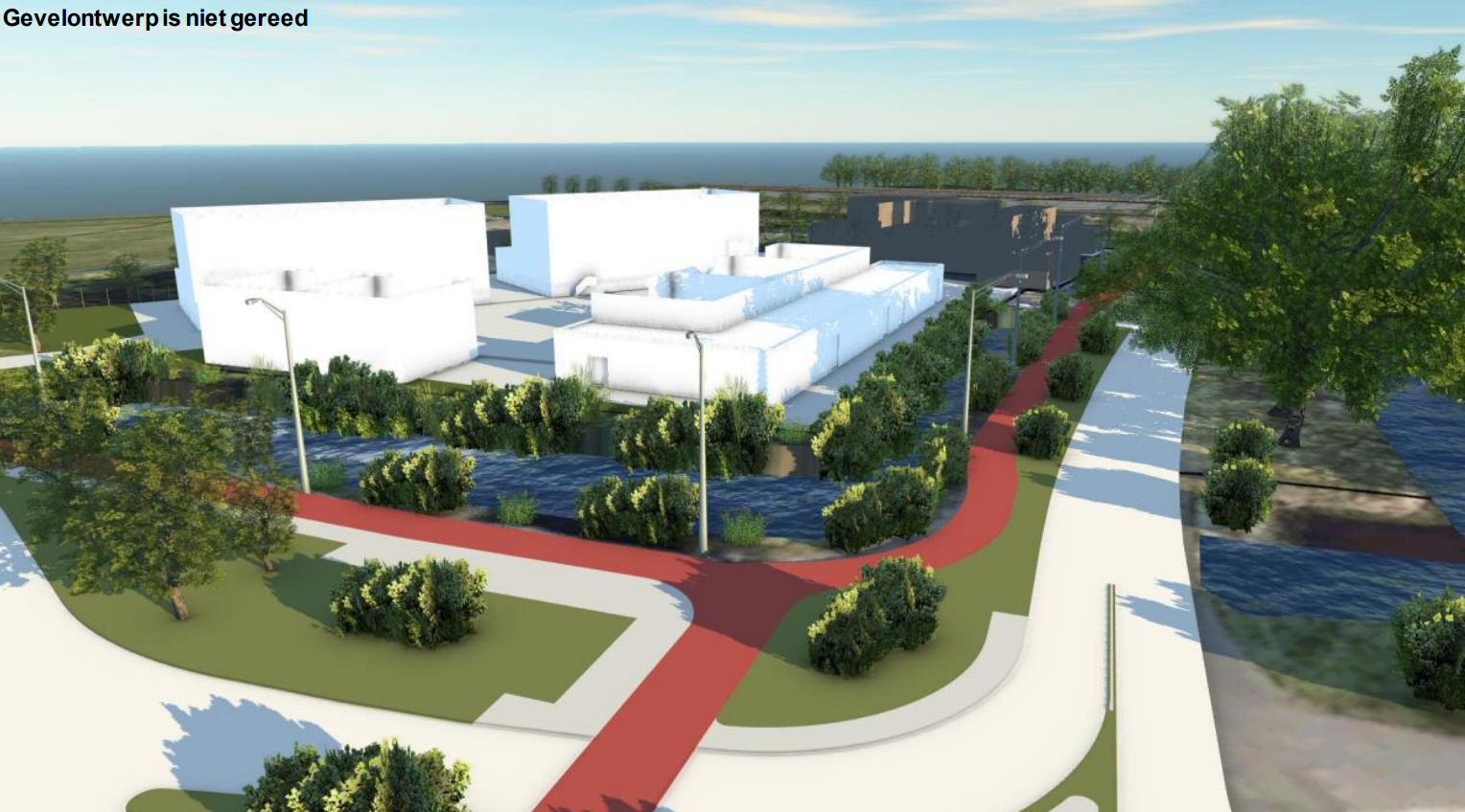 3D model van het nieuwe gevelontwerp. Er zijn 4 gebouwen in het wit op de hoek van een straat.