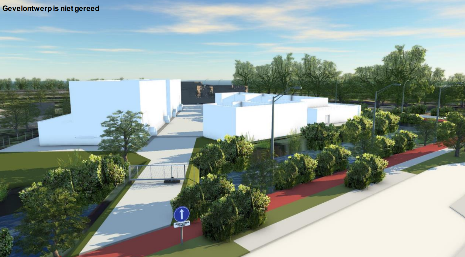 3D model van het nieuwe gevelontwerp. Er zijn 4 gebouwen in het wit en een inrit naar het terrein via het fietspad.