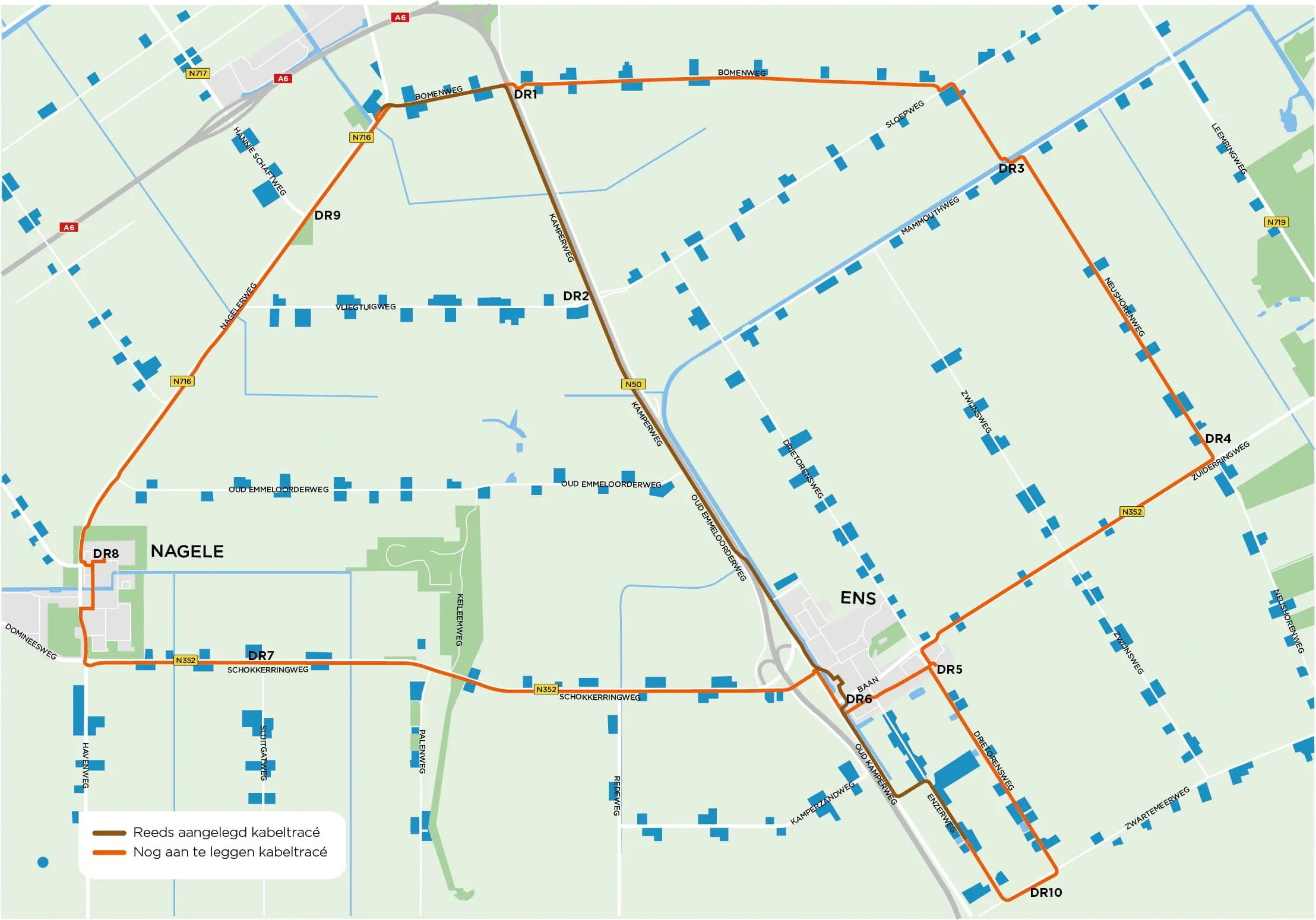 Routekaart stroomkabels en locatie elektriciteitshuisjes Emmeloord Nagele Ens