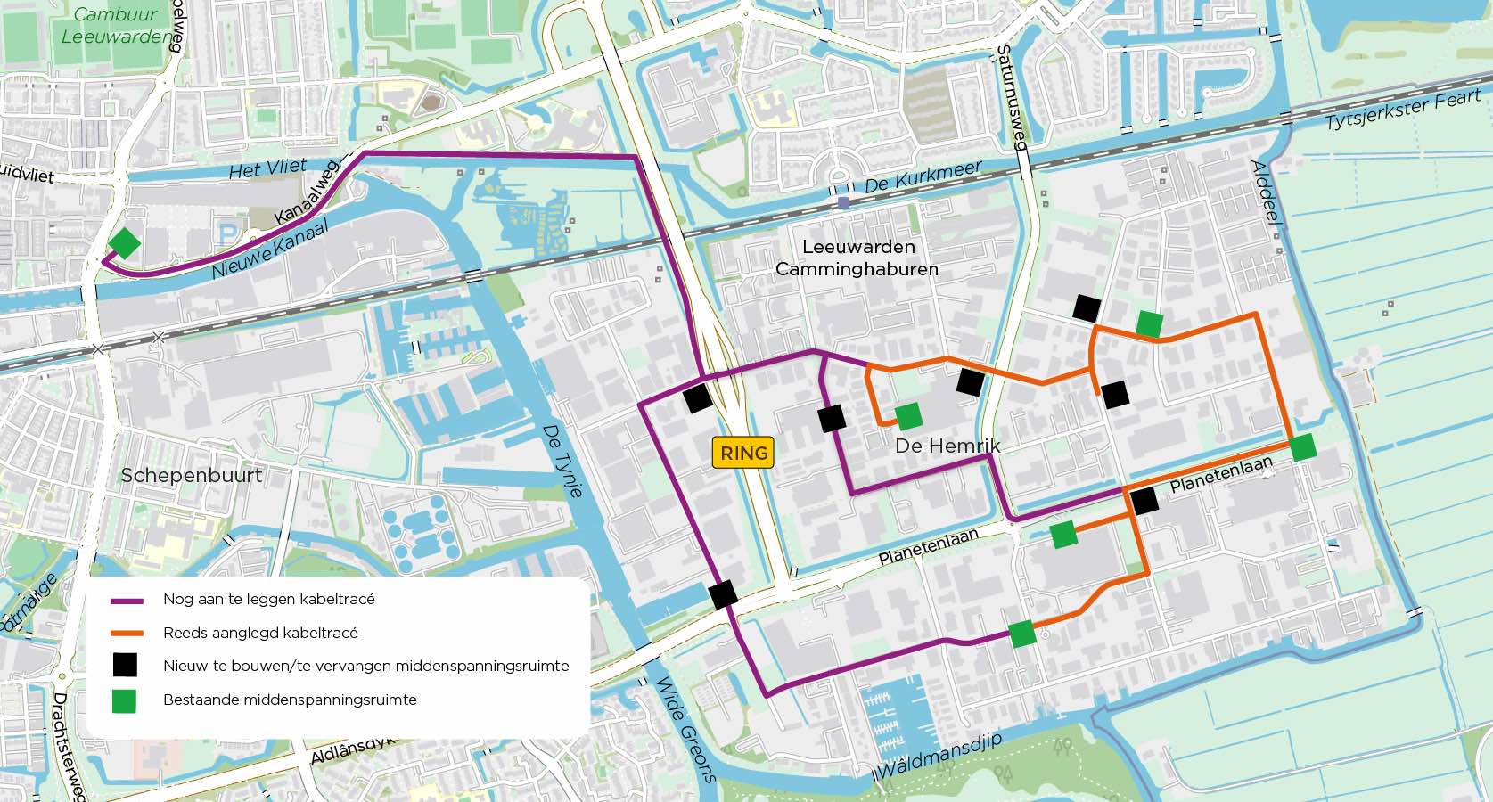 Routekaart stroomkabels en locatie elektriciteitshuisjes in en rondom Leeuwarden Hemrik