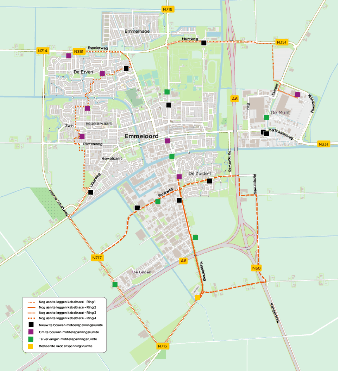 Routekaart stroomkabels en locatie elektriciteitshuisjes in en rondom Emmeloord
