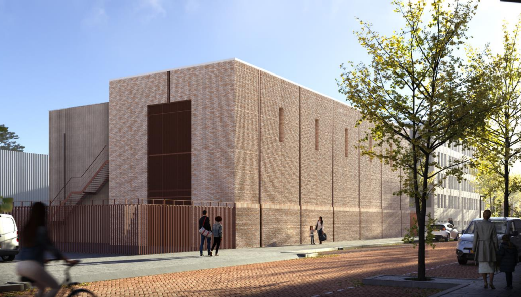 Een 3d-model van het nieuwe elektriciteitsstation. Het station grenst aan een voetpad.
