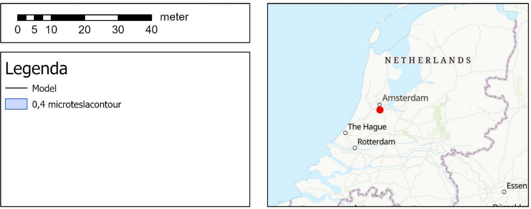 Legenda voor de afbeelding waar het EMV contour wordt geillustreerd. Ook is er een kaart van Nederland te zien met de locatie van het nieuwe onderstation.