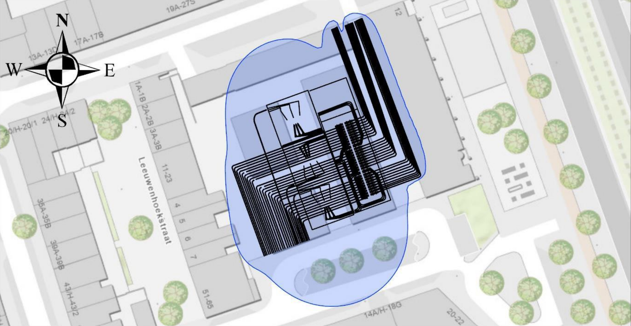 Schematische tekening van een magneetveld rondom het elektriciteitsstation.