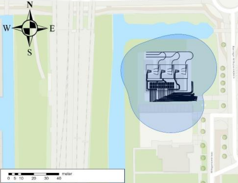 Tekening van het magneetveld rond het elekriciteitsstation.