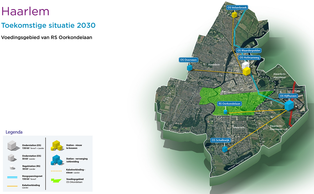 Overzichtskaart van de regio Haarlem en alle toekomstige elektriciteitsstations en verbindingen. Ook het toekomstige voedingsgebied van station Oorkondelaan is weergegeven.