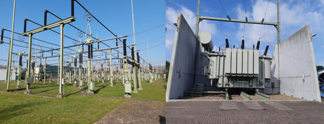 Links het schakelveld van TenneT en rechts een Liander transformator