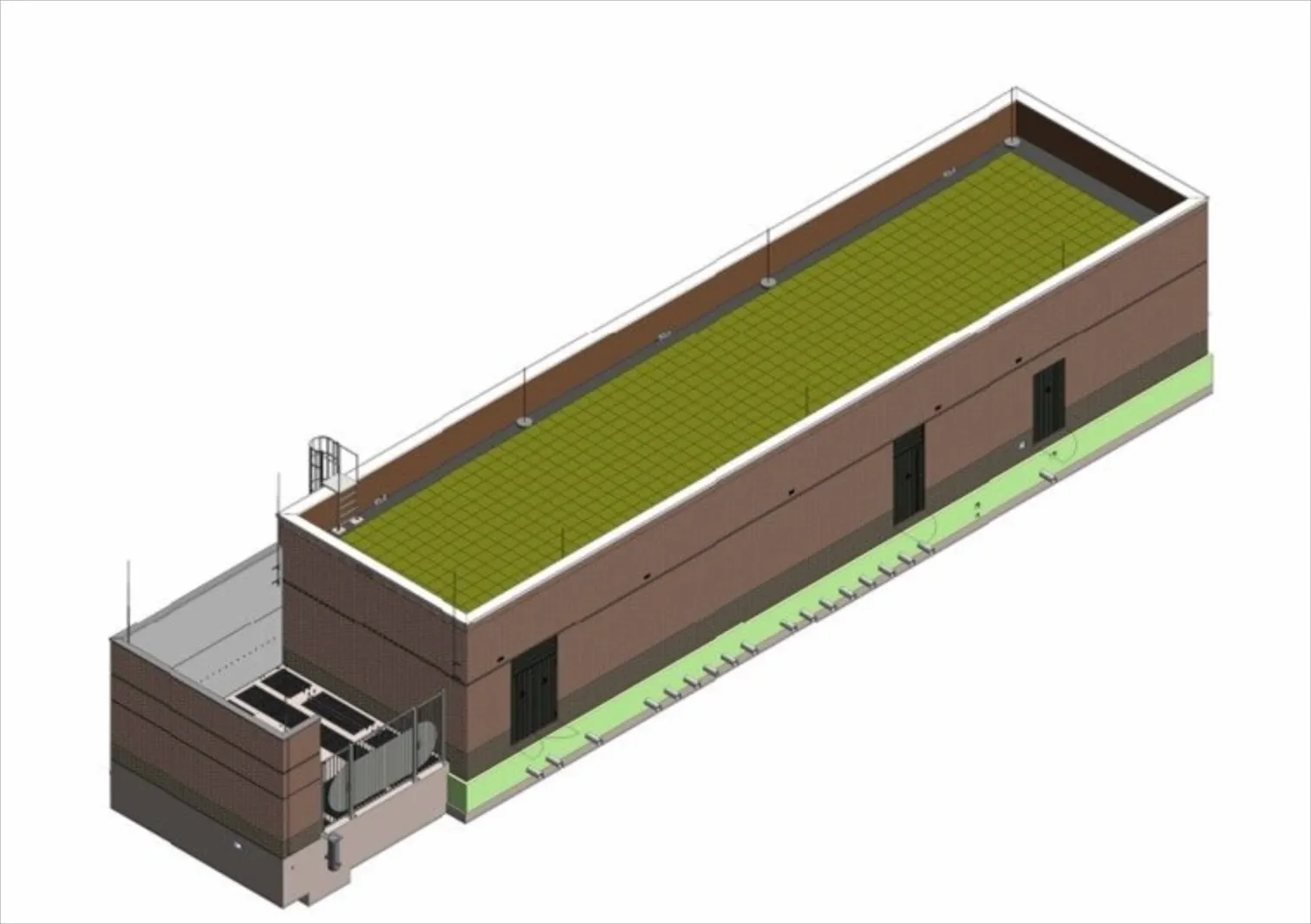 3D-impressie van het gebouw, met de transformatorruimte aan de linkerkant