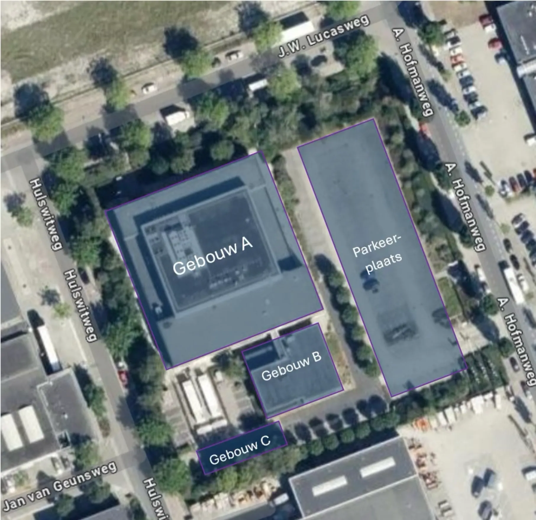 Plattegrond van de A. Hofmanweg met overzicht van de te slopen gebouwen A, B en C