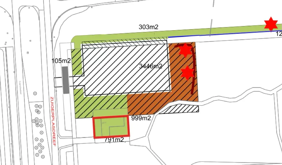 Plattegrond van het nieuwe regelstation aan de Zuigerplasdreef. Het rode kader geeft de locatie aan waar bewoners kunnen kiezen voor extra beplanting, zoals bomen of struiken.