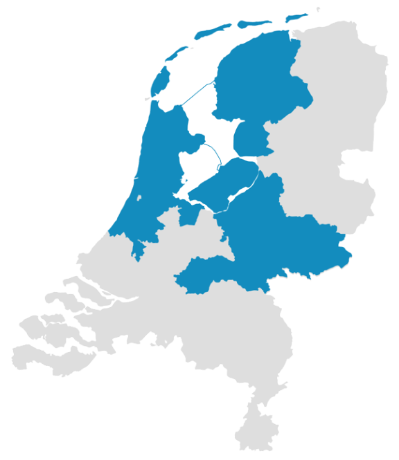 Kaart van Nederland waar de provincies Zuid-holland, Noord-Holland, Friesland, Flevoland en Gelderland zijn gemarkeerd.
