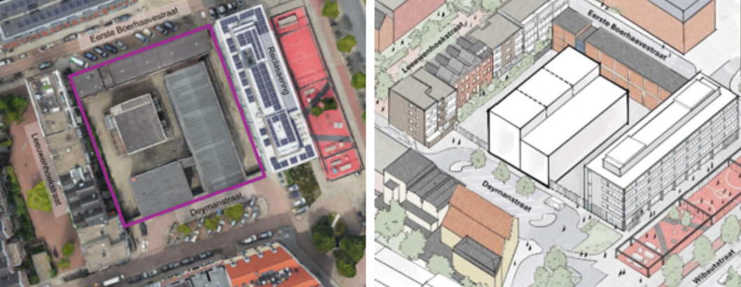 Rhijnspoor huidige situatie links en nieuwe situatie rechts