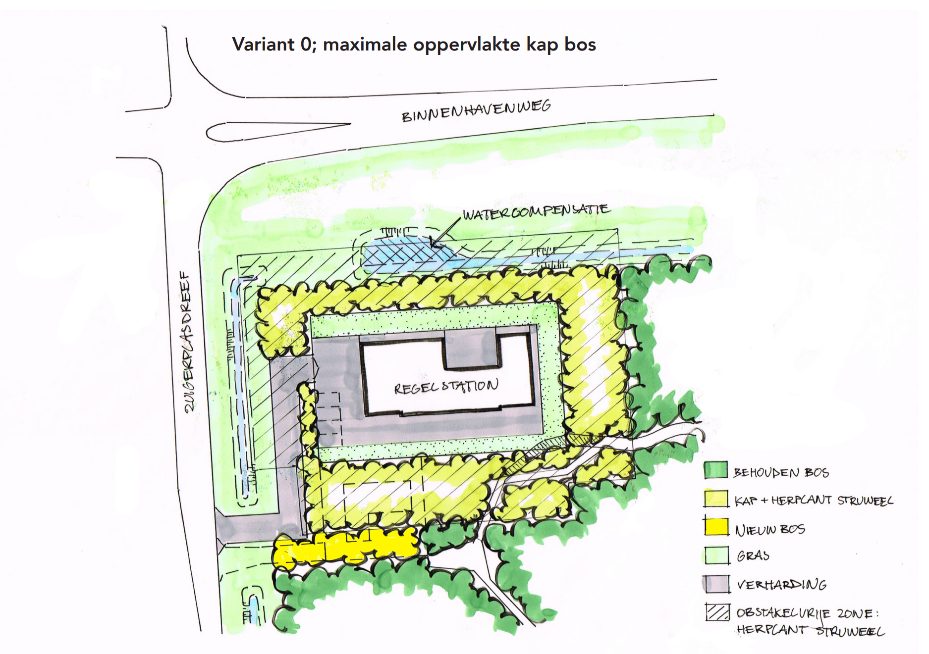 Je ziet een schetstekening van het regelstation op een perceel omgeven met groen. Bij deze variant zou de meeste m2 bos moeten worden gekapt, circa 4.000 m²
