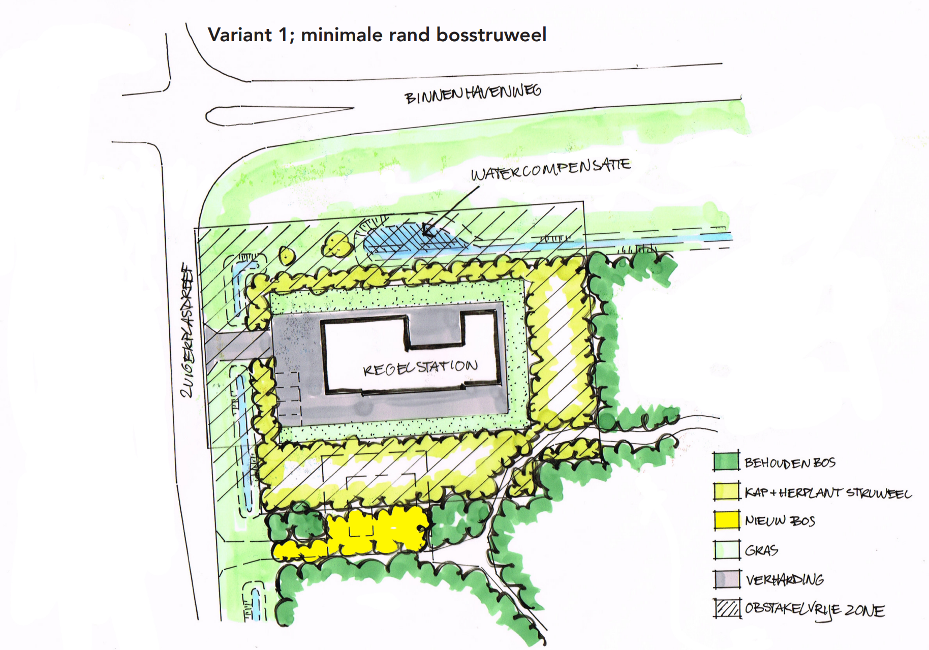 Je ziet een schets van een regelstation op het perceel ingetekend waarbij een flink strook groen aan de kant van de Binnenhavenweg is gemaakt.