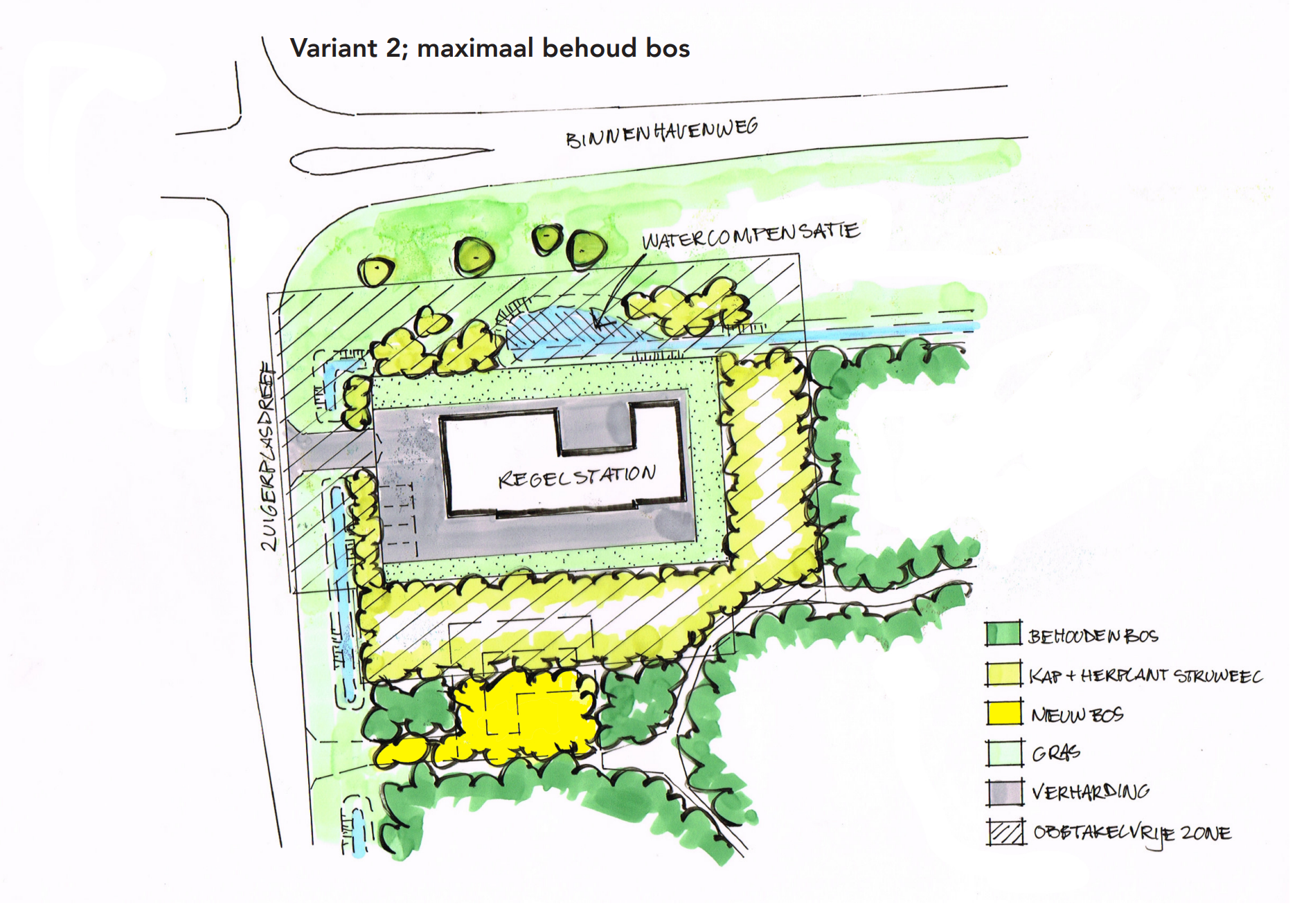 Je ziet een schetsontwerp van het regelstation zo dicht mogelijk tegen de Binnenhavenweg. Hierdoor wordt de minste m2 bos gekapt, circa 3400m2