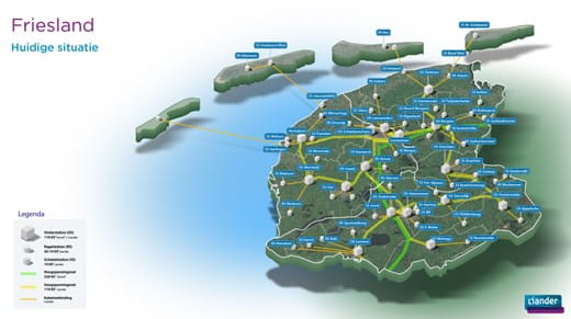 Kaart van Friesland met de huidige situering van elektriciteitsstations