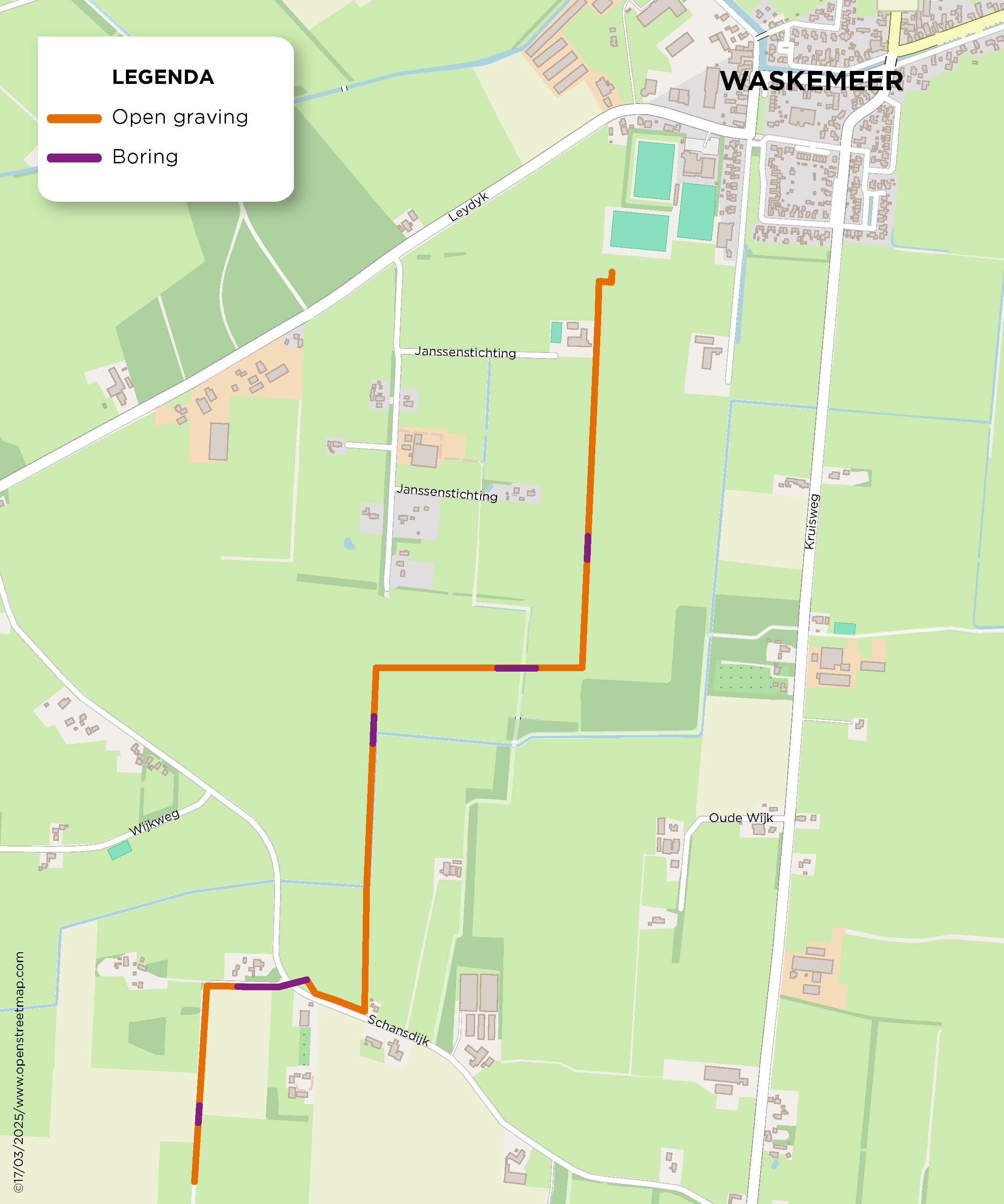 Plattegrond kabelroute van elektriciteitsstation Waskemeer naar Oosterwolde