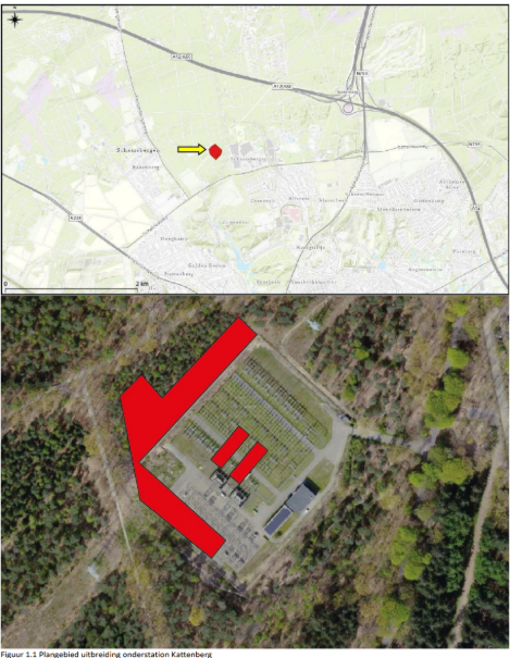 Plattegrond met daarop de uitbreiding van elektriciteitsstation Arnhem Kattenberg.