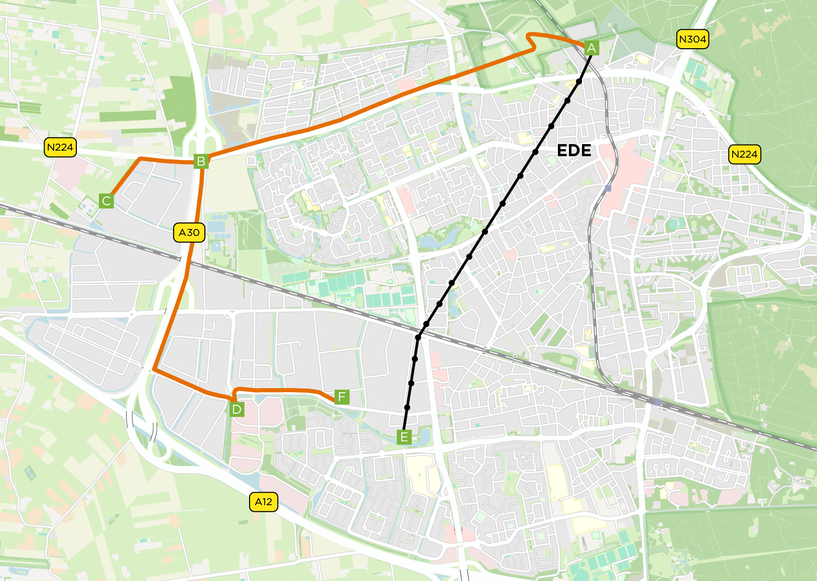 Dit is een plattegrond van Ede waarop de projecten van Liander staan uitgetekend. Het gaat om kabelroutes en elektriciteitsstations.